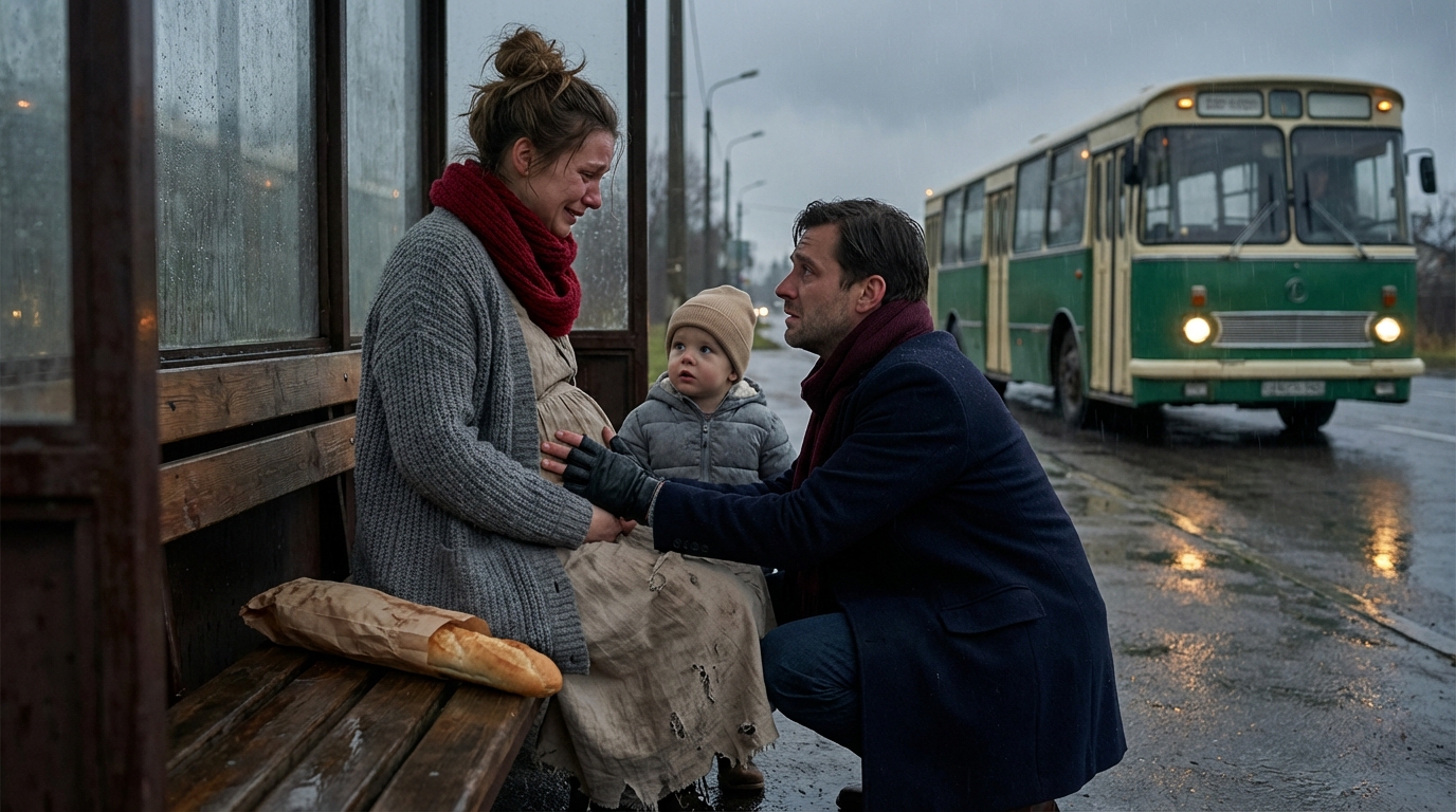 “Esto es todo lo que puedo darte”. Un esposo abandona a su esposa embarazada junto con un pan en la parada del autobús. Un padre soltero y su hija la salvan.