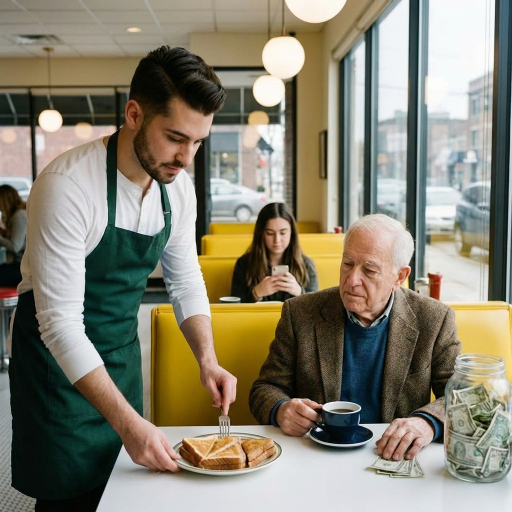 ☕💔 Durante 3 años, este padre soltero le regaló el desayuno a un anciano “sin dinero”. Hasta que una mañana, 4 guardaespaldas entraron en la cafetería y revelaron un secreto que nadie imaginaba… 😱✨