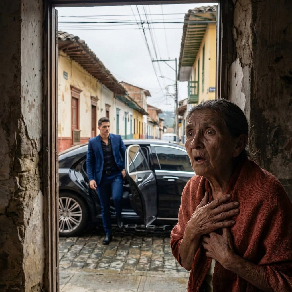 Un Mercedes-Benz negro se detiene frente a una casa humilde en los barrios populares de Medellín.