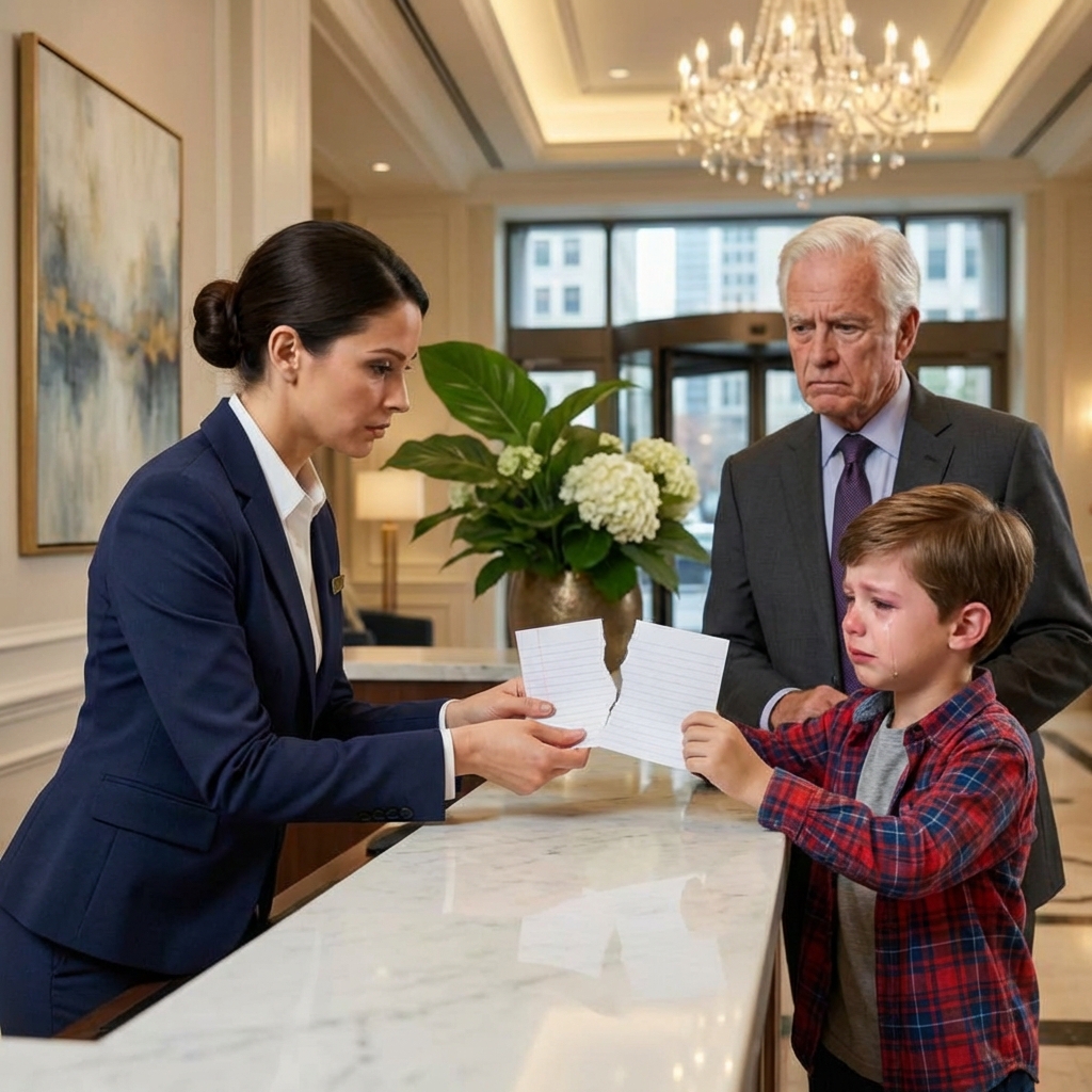 Rompió el vale de comida del niño pobre y lo humilló… sin saber que el hombre silencioso que lo vio todo era el DUEÑO del hotel.