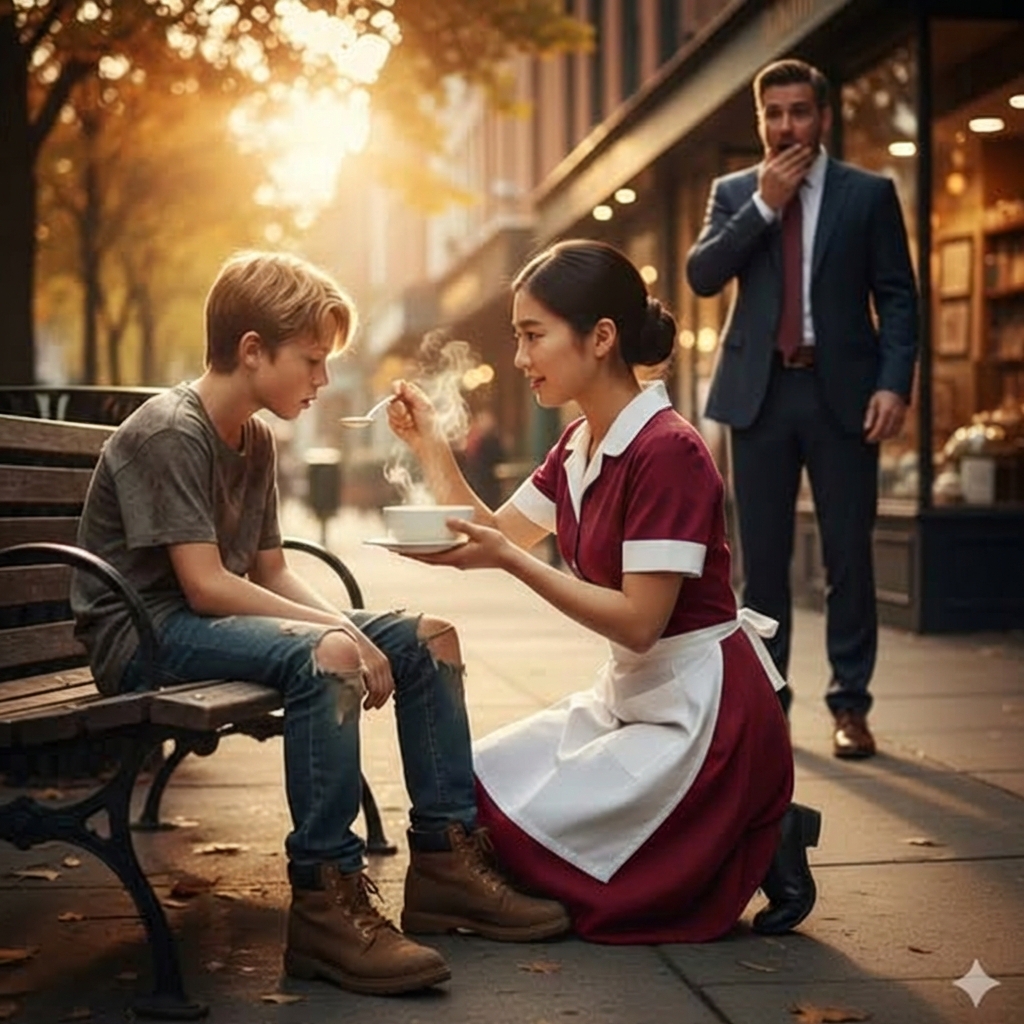 Una empleada de limpieza pobre alimenta a un niño perdido y el padre multimillonario ve la escena que lo cambió todo.