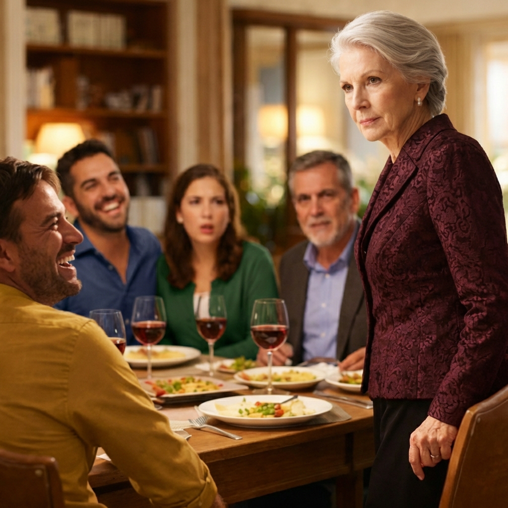 “¿Otra vez va a devorarlo todo esta vieja inútil?”, gritó mi yerno, y la mesa estalló en risas. Sentí cómo algo dentro de mí se rompía. Me levanté despacio, limpié mis labios y susurré: “Con permiso”. Nadie notó mi mirada. Nadie entendió mi silencio. Pero a la mañana siguiente, cuando el teléfono sonó desde el banco… su risa fue lo primero que desapareció.