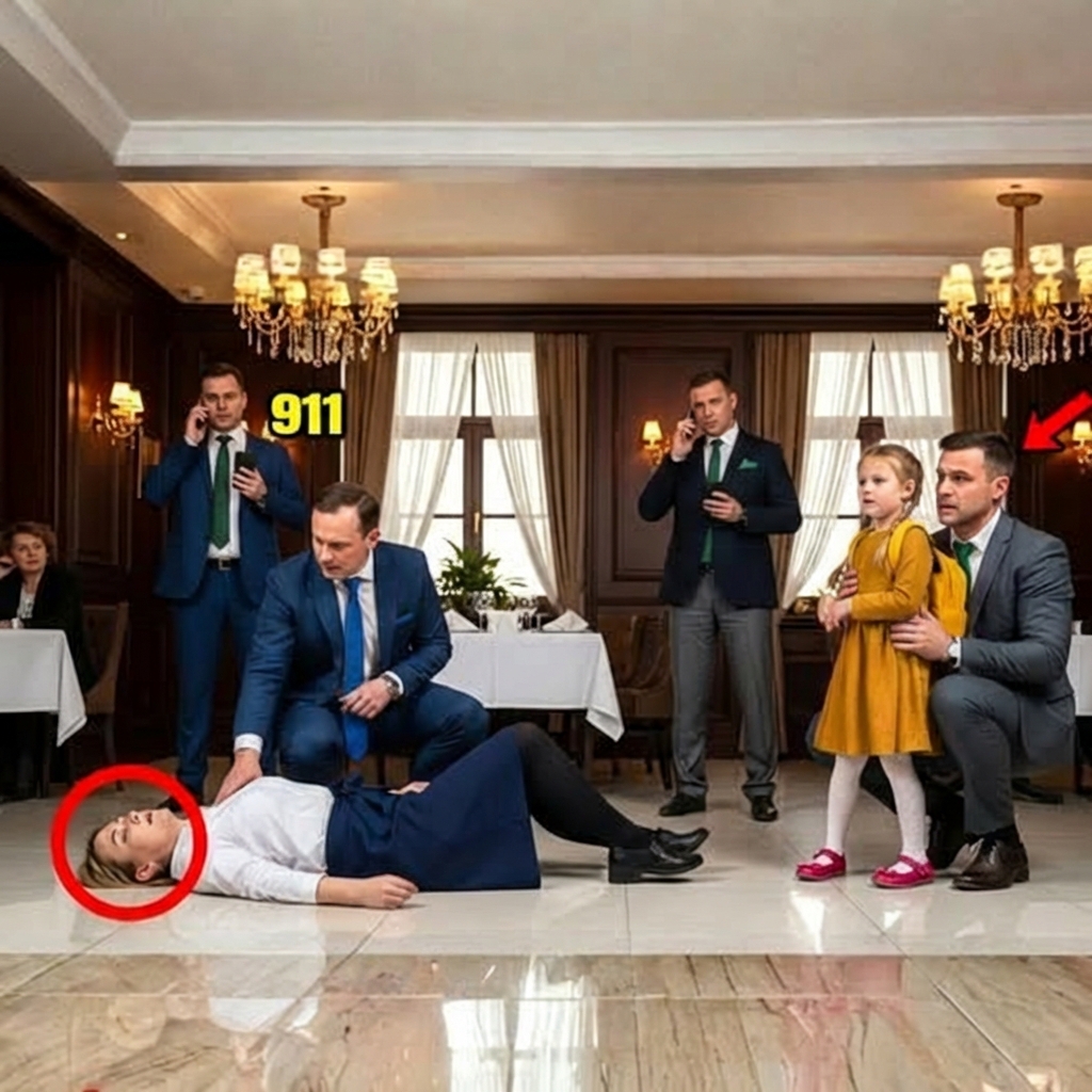 Cinematic realistic video, high-end restaurant with mahogany wood panels and ornate gold chandeliers. A woman in a white long-sleeved shirt and a red apron skirt lies unconscious on the polished marble floor. A man in a navy blue suit and red tie is kneeling beside her, his hand on her shoulder, looking down at her with intense concern and a look of regret. In the background, two men in professional suits are urgently talking on their mobile phones, their faces showing panic. To the right, a man in a grey suit is crouched down, protectively holding a young girl in a bright pink dress; they both look on with expressions of fear and sadness. The atmosphere is tense and dramatic. Lighting is warm from the chandeliers. Soft camera zoom-in towards the woman on the floor. No characters looking at the camera. Realistic human movements, subtle breathing, authentic facial expressions of worry and grief. 4k, highly detailed textures.