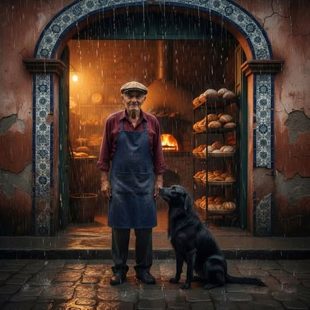 Un viejo panadero solitario recogió a un perro callejero en una noche de lluvia… hasta el día en que su aullido en medio del pueblo reveló por qué había llegado.