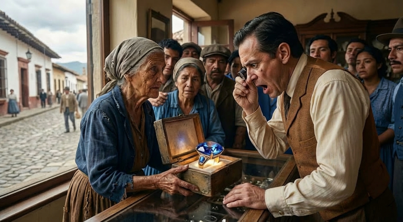La anciana entró a la joyería arrastrando ligeramente los pies. Llevaba un rebozo gris deshilachado, sandalias gastadas y un vestido sencillo que parecía haber pasado por demasiados inviernos. Su cabello blanco estaba recogido sin cuidado, y en sus manos temblorosas sostenía una pequeña bolsa de tela, vieja, cerrada con un nudo.