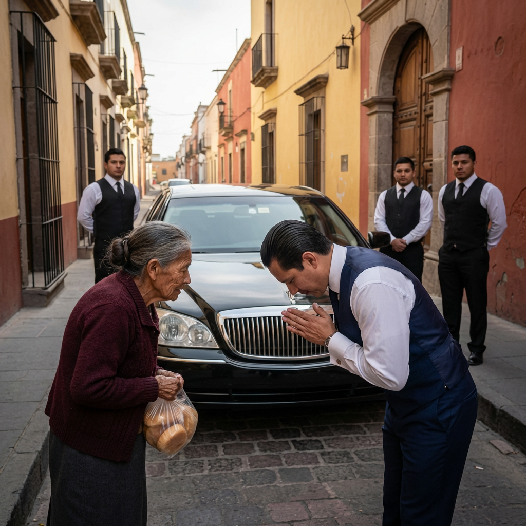Una anciana le dio su último bolillo a un indigente… una semana después, su calle se llenó de camionetas de lujo
