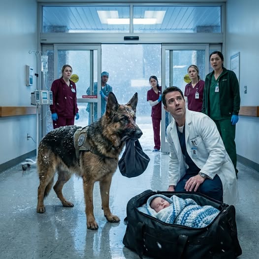 El pequeño pastor alemán arrastró un costal negro ensangrentado a través de la nieve hasta el hospital… y cuando los doctores lo abrieron, nadie estaba preparado para lo que encontraron dentro