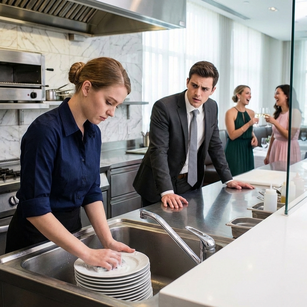 La humillaron por lavar los platos en la fiesta, sin saber que era la dueña de la mansión. Cuando su esposo reveló la verdad… todos quedaron helados.