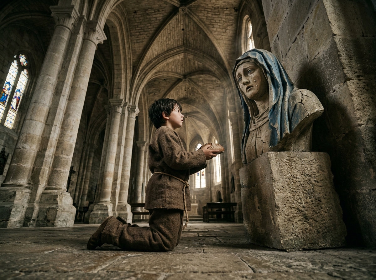 “Un niño mendigo colocó un pan duro a los pies de la Virgen… minutos después, todo el pueblo cayó de rodillas cuando la estatua de piedra derramó lágrimas.”